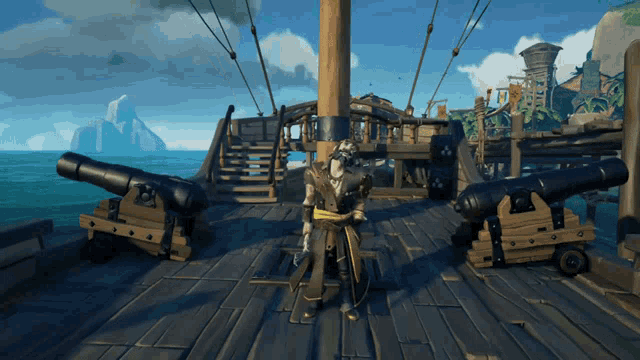 a pirate is standing on the deck of a ship with cannons in the background