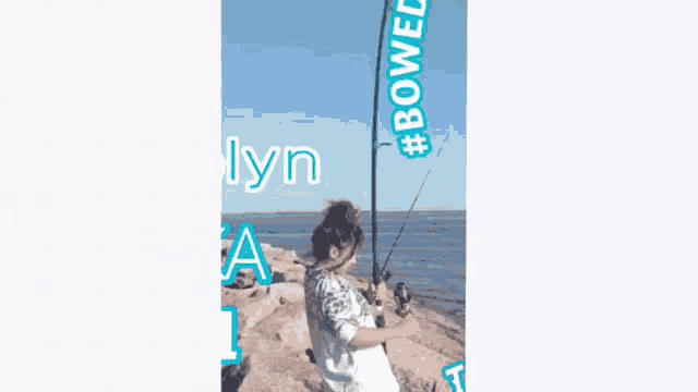 a poster for moana shows a girl fishing on a rocky shoreline