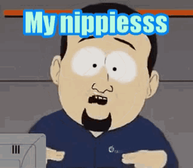 a cartoon man with a beard is pointing at his nipples .