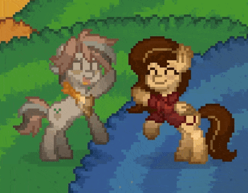 two pixel art ponies are standing next to each other in a field .