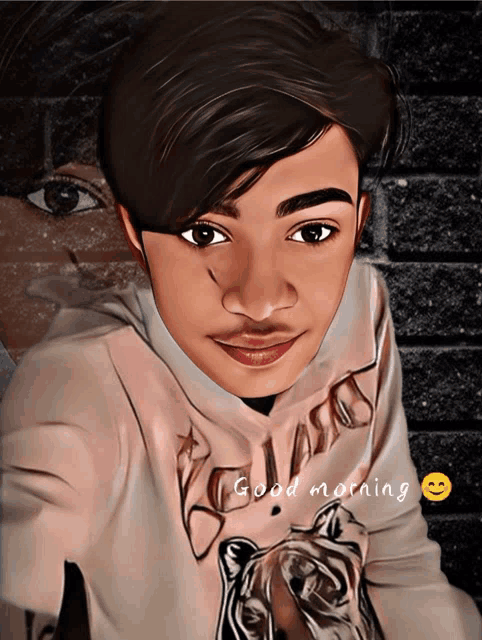 a drawing of a boy with the words good morning written on it