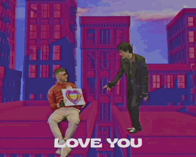 two men are sitting on a roof with the words love you written on the bottom