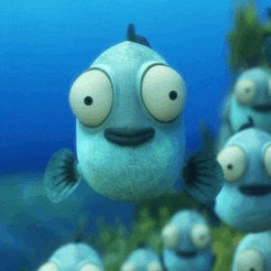 a group of fish with big eyes are swimming in the water