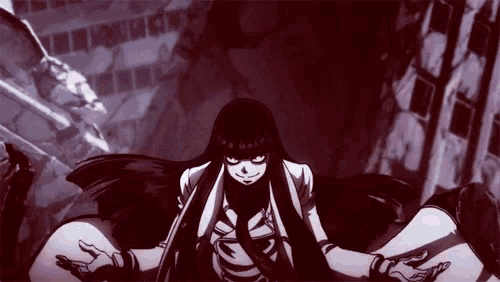 a black and white anime character with long hair is standing in front of a building .