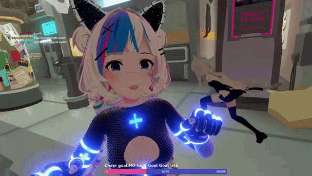 a screenshot of a video game shows a girl wearing a sweater with a blue cross on it