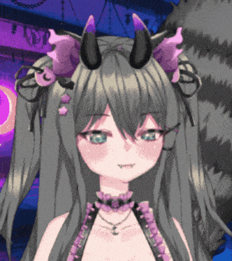 a close up of a girl with horns and a choker