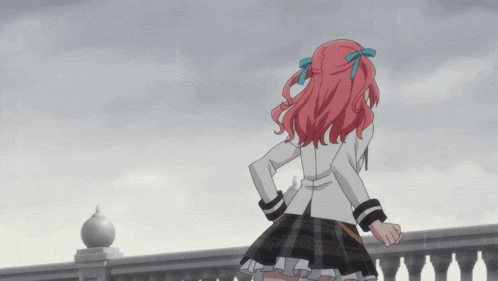 a girl with pink hair is standing on a balcony in the rain