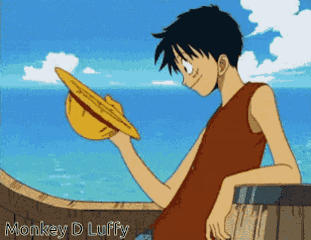 monkey d luffy is holding a straw hat in front of the ocean