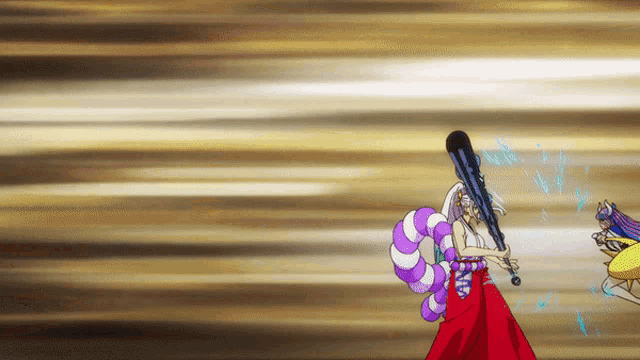 a woman in a red dress is holding a sword