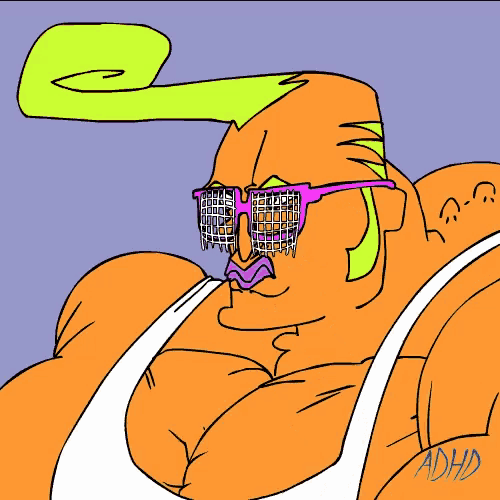 a cartoon drawing of a man wearing sunglasses and a tank top with the word adhd at the bottom