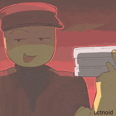 a cartoon drawing of a man holding a stack of papers with the word actnoid at the bottom