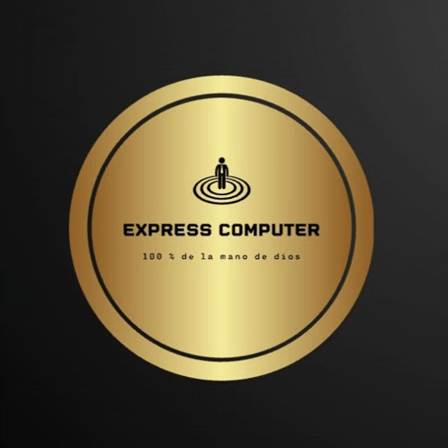 a gold circle with express computer 100 % de la mano de dios written inside