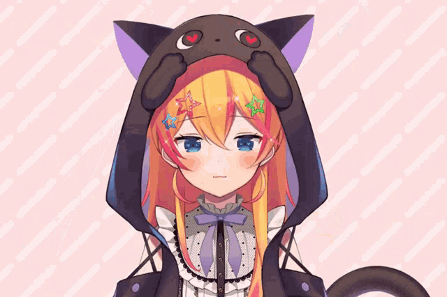 a girl wearing a cat hat with a purple ear