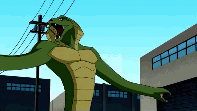 a cartoon snake is standing in front of a building with its mouth wide open