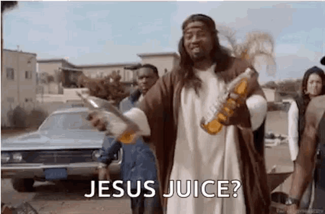 a man dressed as jesus is holding a bottle of juice and asking for jesus juice .