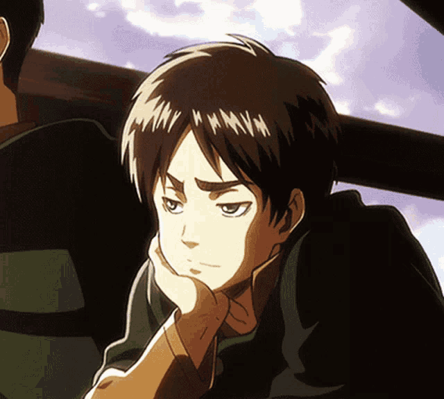 a close up of a cartoon character with his hand on his chin