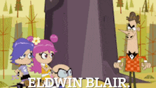a cartoon character named eldwin blair stands next to a tree
