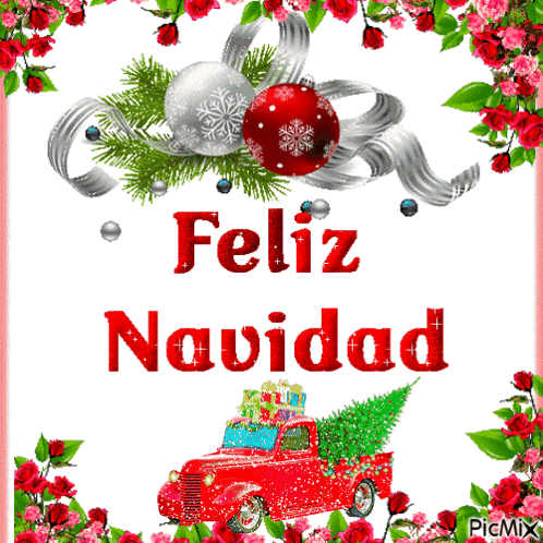 a christmas card with a red truck with a christmas tree in the back and the words feliz navidad