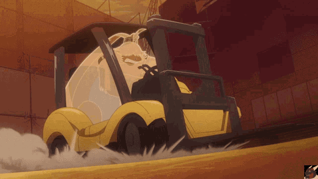 a cartoon drawing of a forklift driving down a staircase