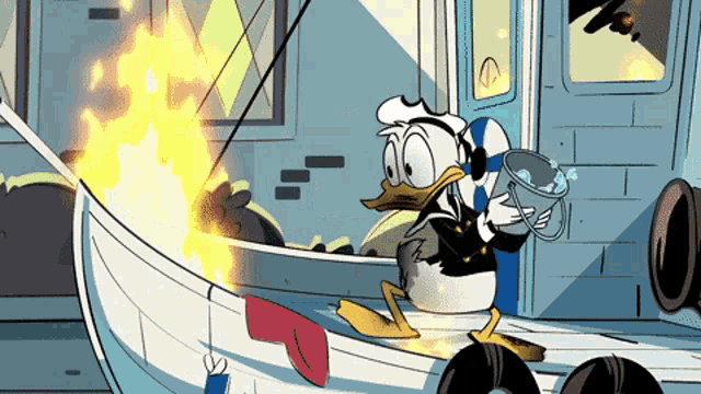 a cartoon of donald duck in a boat holding a bucket