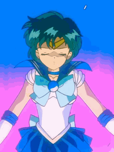 a girl with green hair is wearing a blue and white sailor suit