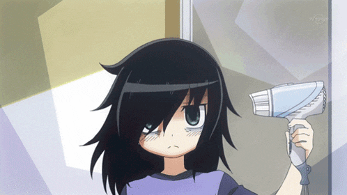 a girl holding a hair dryer in front of a tv screen