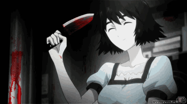 a girl is holding a bloody knife in a black and white anime