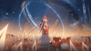 a girl with a sword is standing in the grass