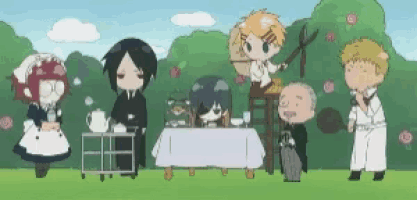 a group of anime characters standing around a table with a teapot on it