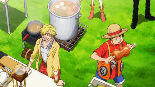 a man in a straw hat is holding a large piece of meat in his hand