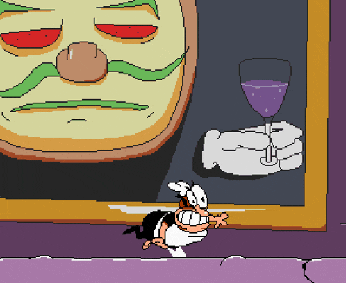 a pixel art drawing of a man running in front of a painting of a mask and a glass of wine