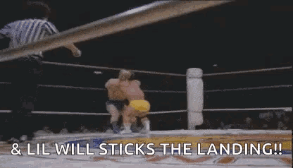 a couple of men are standing in a wrestling ring .