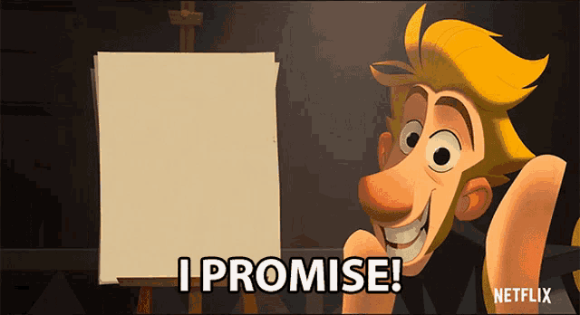 a cartoon character says " i promise " in front of a canvas