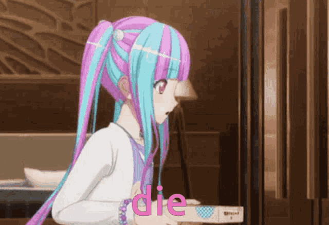 a girl with blue and pink hair is holding a box that says die on it