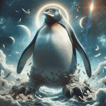 a penguin with a halo around its head is surrounded by a pile of money