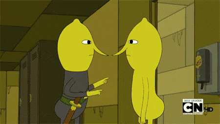 a cartoon of two lemons pointing at each other with cn hd written on the bottom right