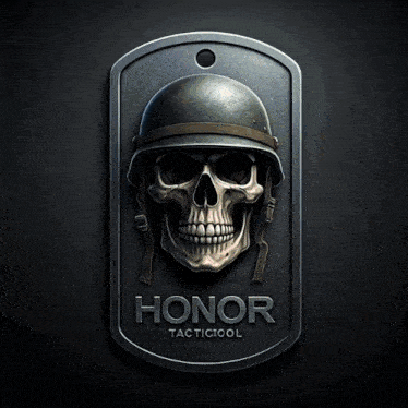 a soldier with a skull on his helmet and a dog tag that says honor