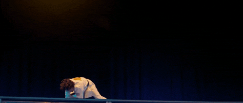 a person in a karate uniform stands on a stage