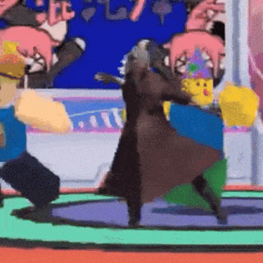 a woman in a brown coat is dancing in front of a screen that says l7