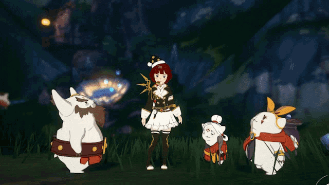a group of cartoon characters are standing in a field