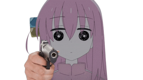 a person is pointing a gun at a cartoon character with pink hair