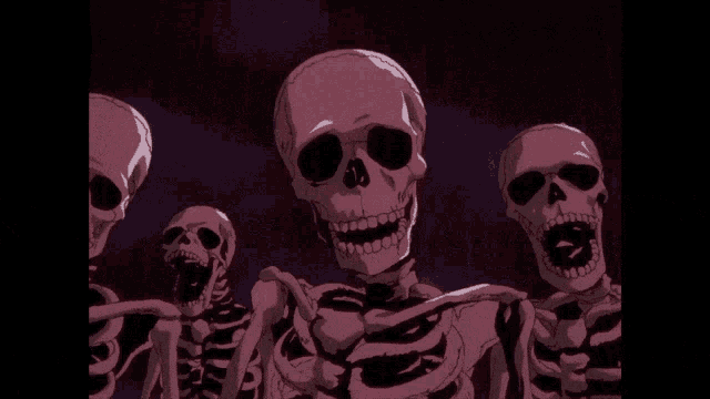 a group of skeletons are standing in a dark room