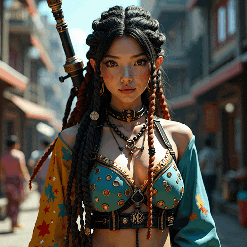 a woman with dreadlocks and a bra that says mb