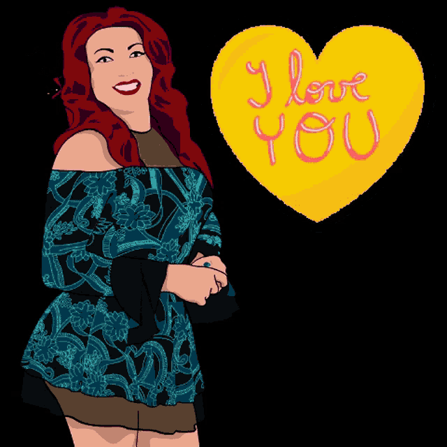 a woman with red hair stands in front of a pink heart that says i love you