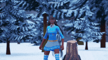 a girl in a blue dress stands in a snowy forest with players hiding 1