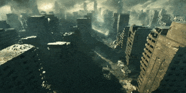 an aerial view of a destroyed city with lots of buildings