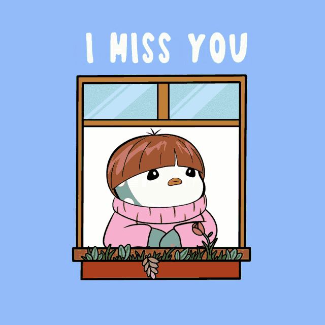 a penguin in a pink sweater is looking out a window with the words " i miss you " written above it