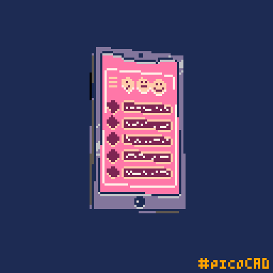 a pixel art drawing of a cell phone with emojis on it