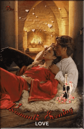 a painting of a man and woman laying in front of a fireplace with the words romantic evening love