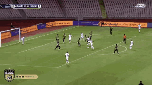 a soccer game is being played on a field that has a shield that says real mania